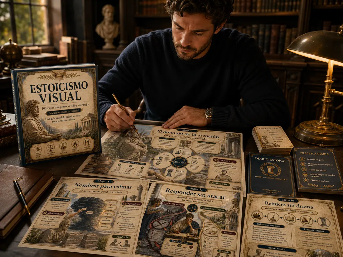 Persona estudiando Estoicismo Visual en un ambiente de lectura
